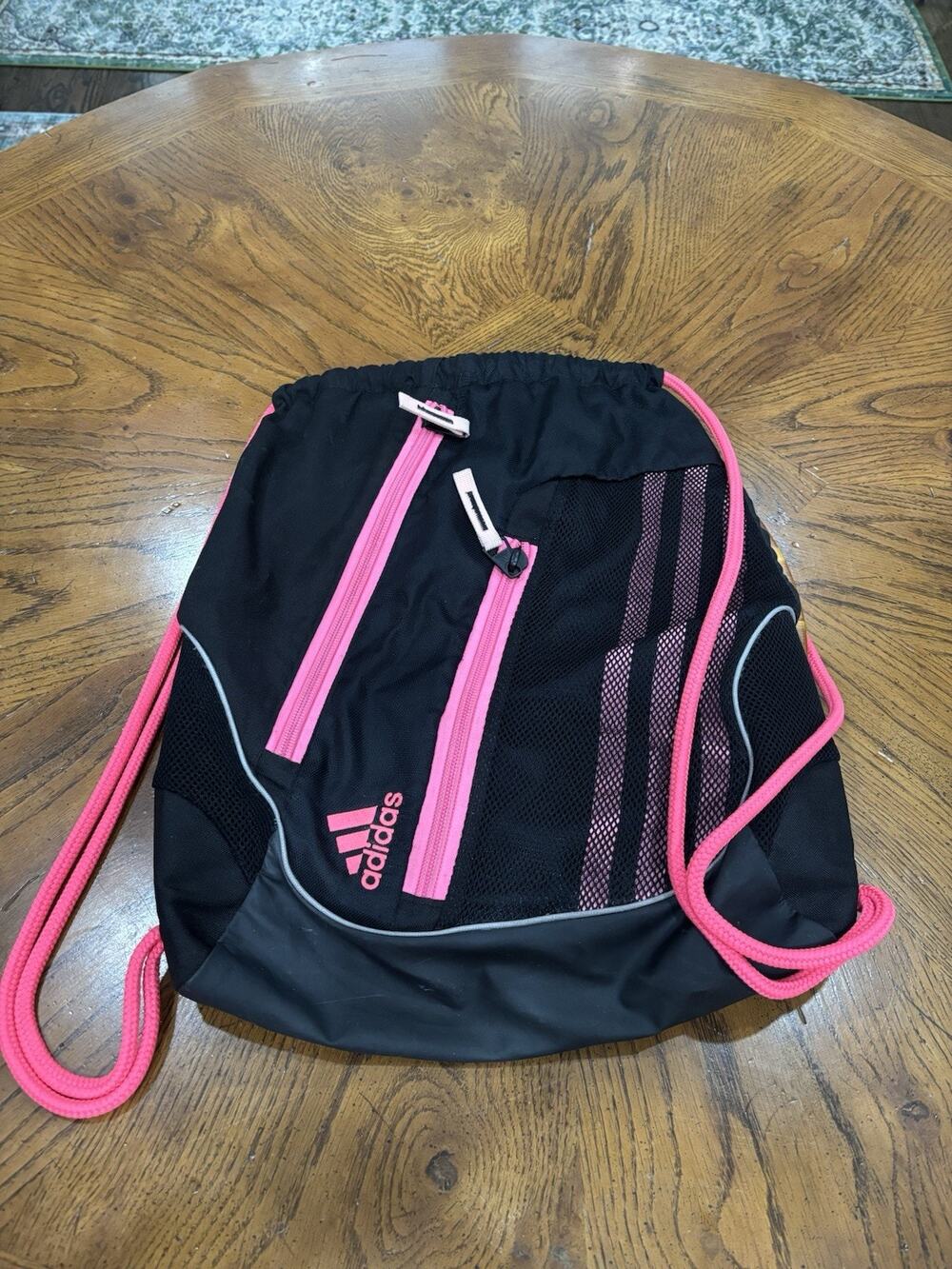 Adidas Black/Hot Pink Drawstring Gym Sack Backpack 15L 3 Pockets Zip Sporty